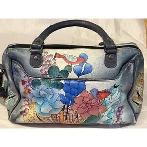 Anuschka Hand Painted Leather Satchel Travel Bag Floral Bird Art Style 39647